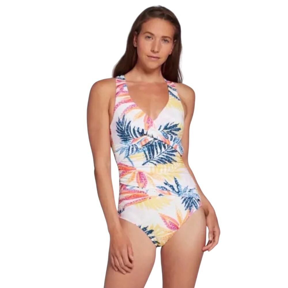 Calia Swimsuit one piece, watercolor palms, crisscross back, rouched, Size 6